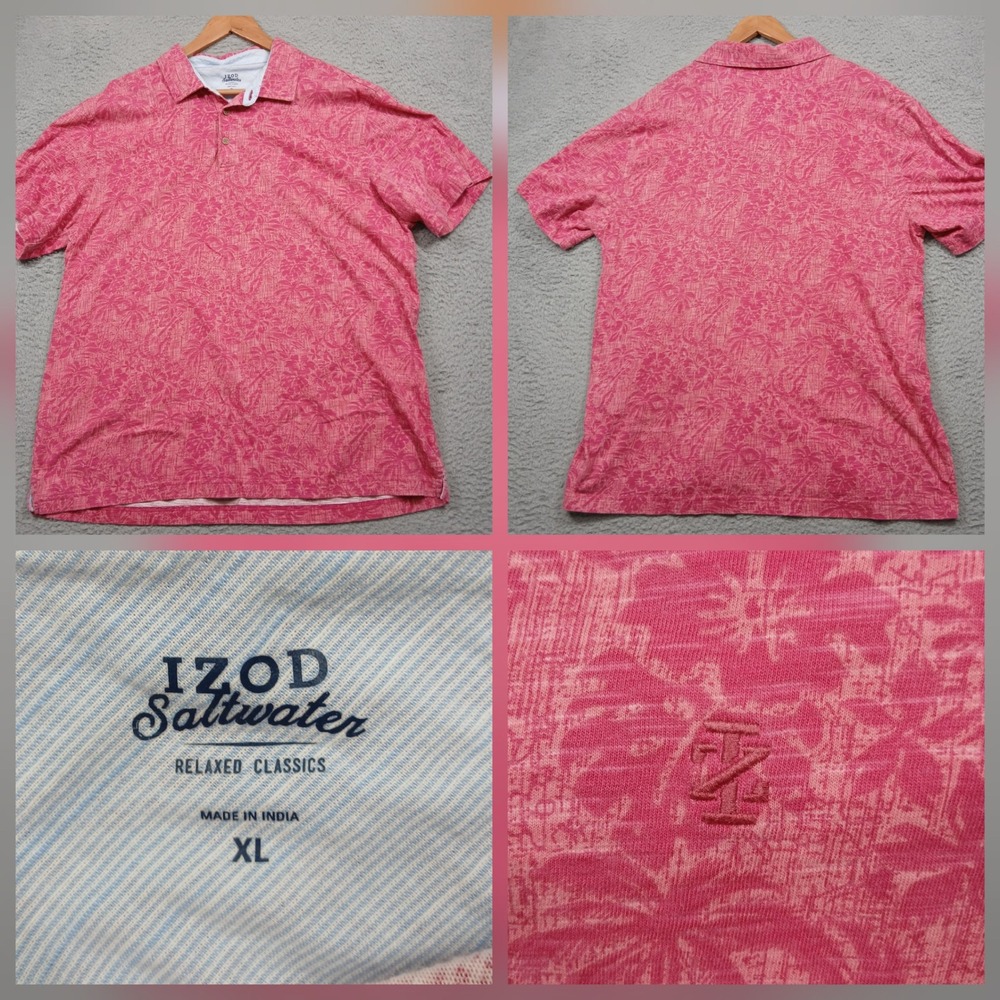 IZOD Saltwater Men's XL Pink Floral Polo Shirt Casual Hawaiian Style